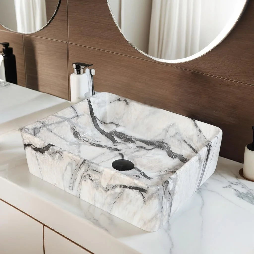 Marble Pattern Ceramic Bathroom Vessel Sink with Faucet