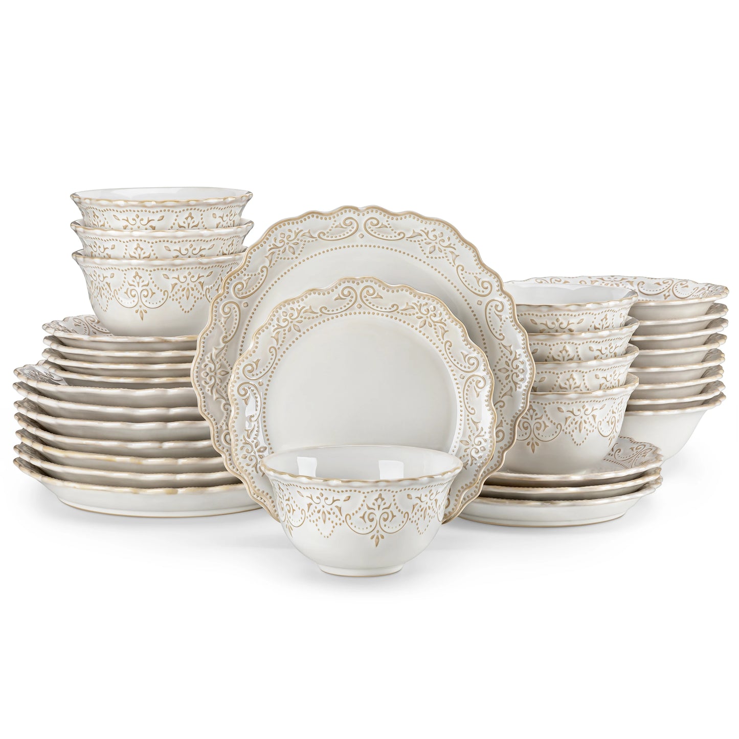 16-Piece Stoneware Dinnerware Set for 4 | Elegant Relief Design Plates & Bowls