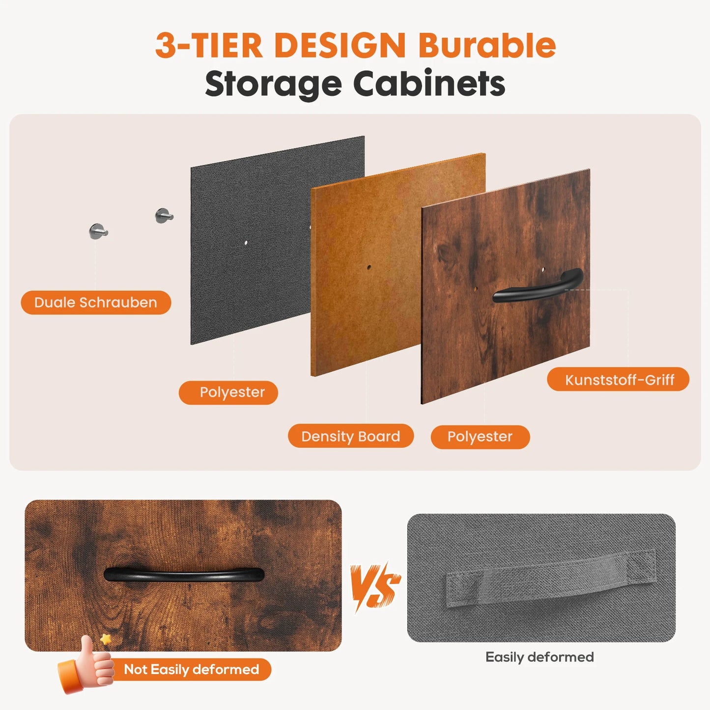 Lightweight Wardrobe with Fabric Drawers, Steel Frame and Solid Wood Top