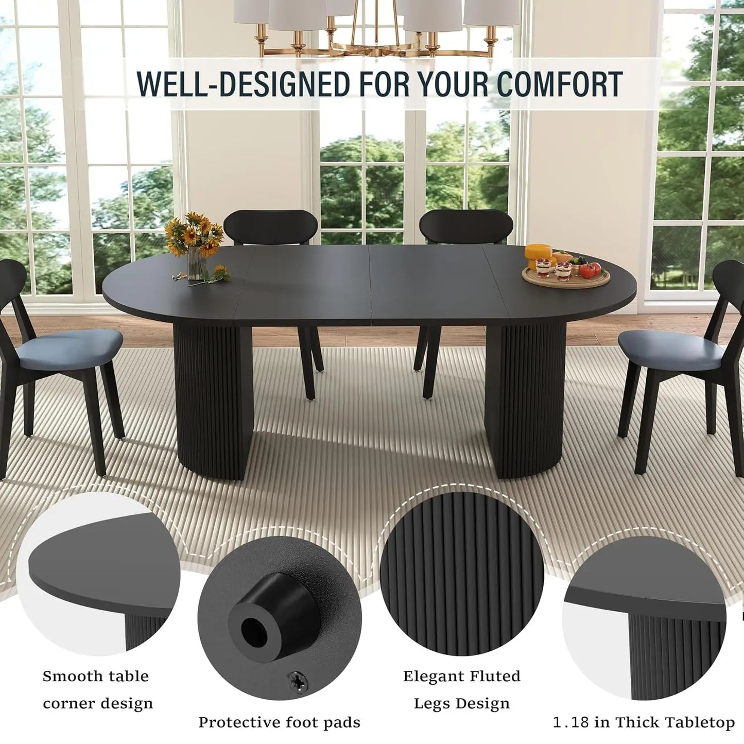 Expandable Dining Room Table with Fluted Base