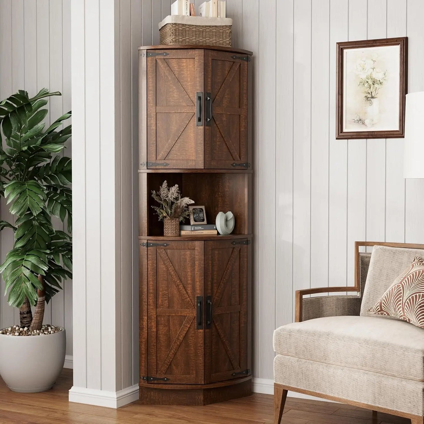 Farmhouse Style Corner Cabinet with Barn Door Design