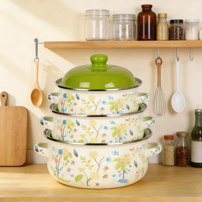 3-Piece Vintage Enamel Cooking Pot Set with Lids | Retro Floral Stock Pots