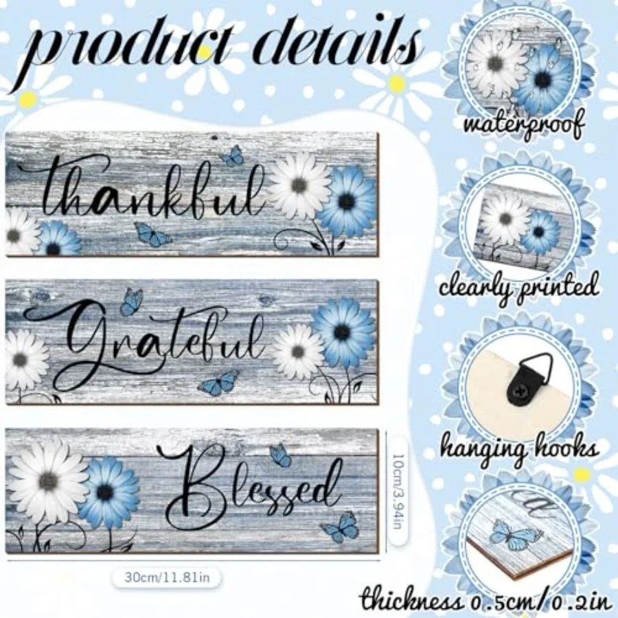 Thankful Grateful Blessed Wooden Wall Signs | 3-Piece Rustic Farmhouse Daisy Décor