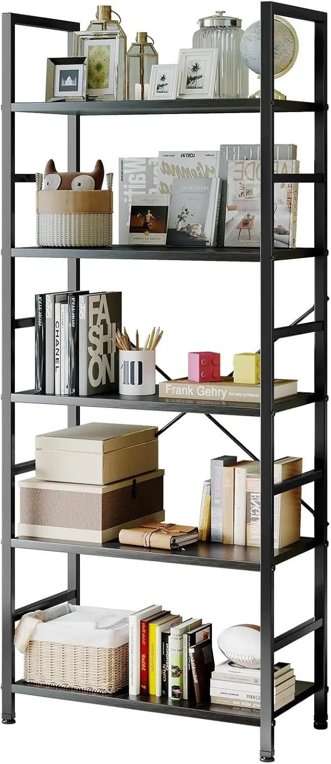 5-Tier Modern Bookshelf with Industrial Black Metal Frame