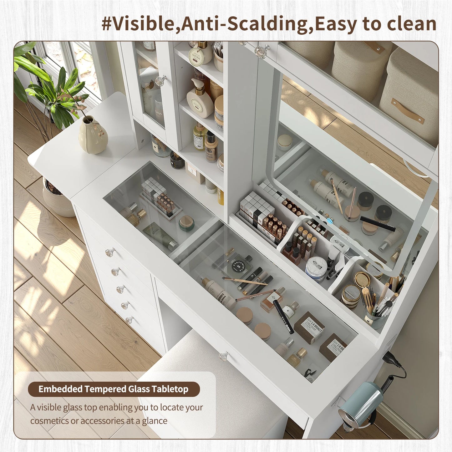 Lighted Vanity Desk with Mirror and Built-In Power Strip