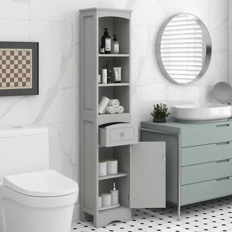 Tall Freestanding Bathroom Storage Cabinet with Drawer & Adjustable Shelf – Grey