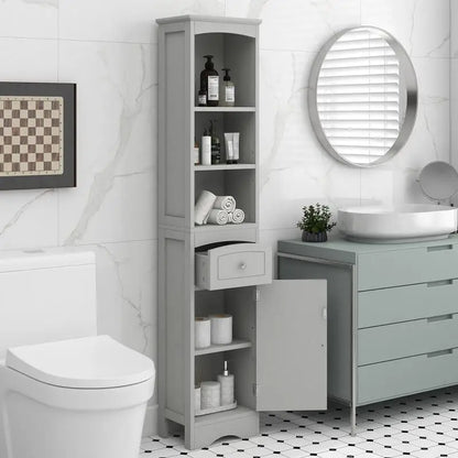 Tall Freestanding Bathroom Storage Cabinet with Drawer & Adjustable Shelf – Grey