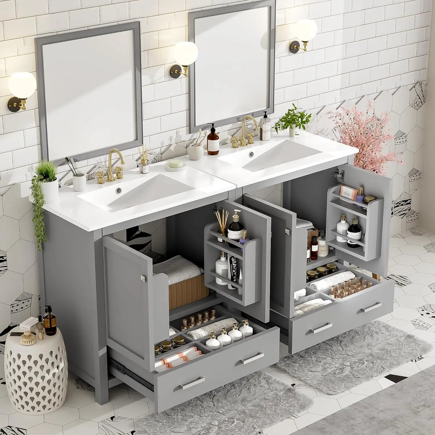 Solid Wood Dual Basin Bathroom Vanity