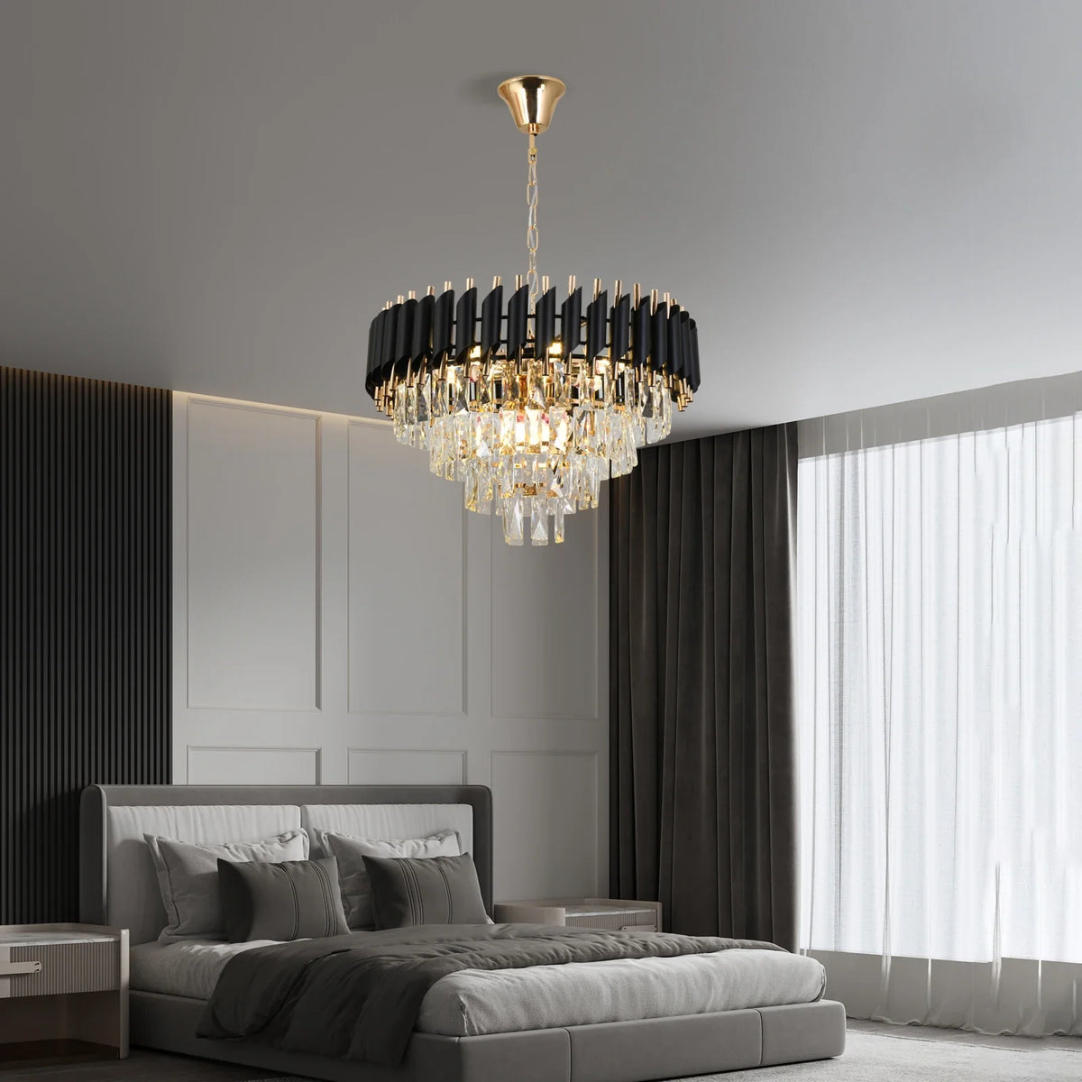 Modern Black & Gold Crystal Chandelier | Luxury LED Ceiling Light