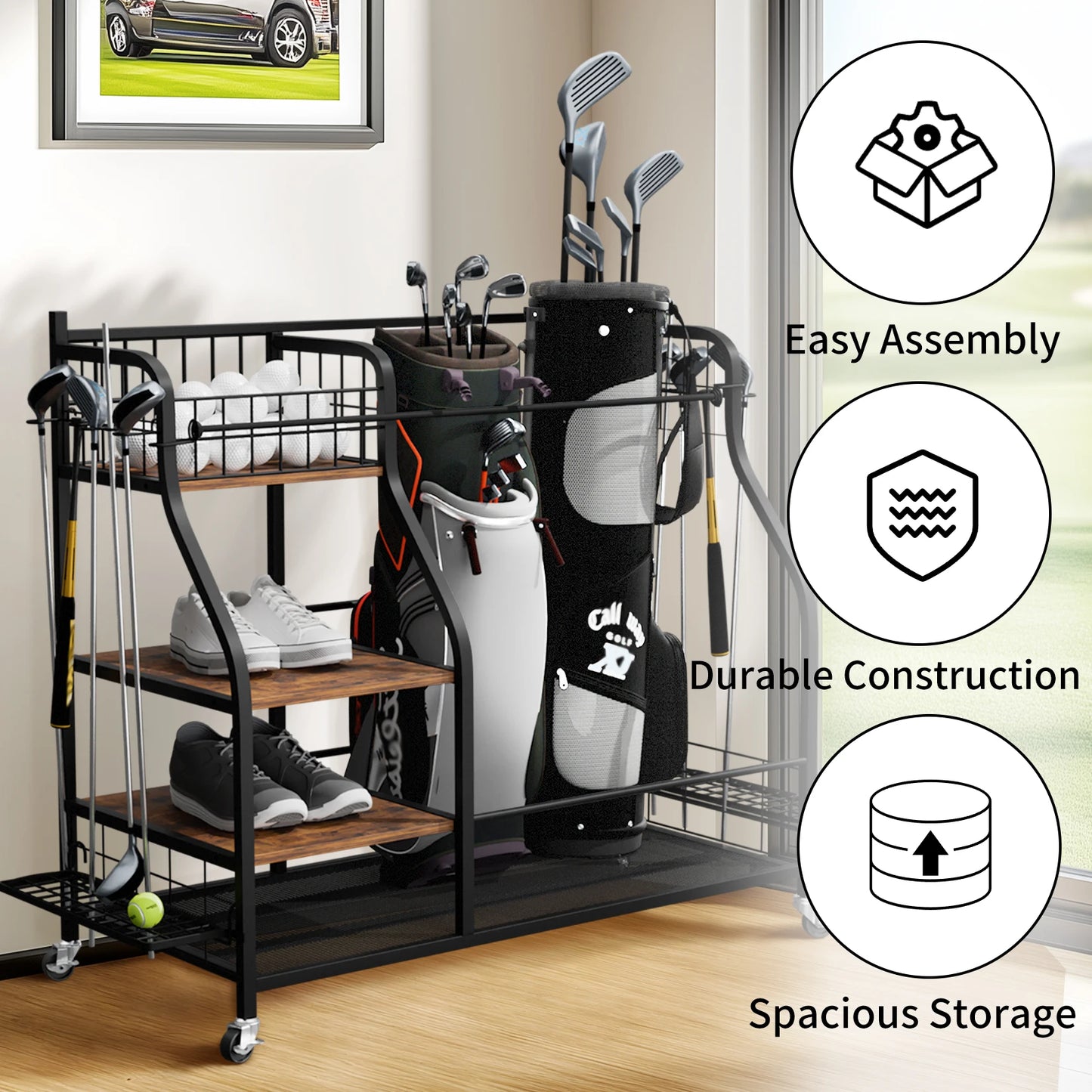 Multifunctional Metal Storage Shelf, Sports Equipment Organizer with Wheels