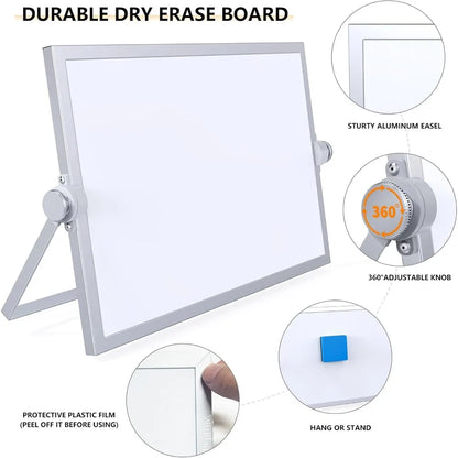 Small Magnetic Dry Erase Whiteboard with Aluminum Easel Stand | Double-Sided Mini Board