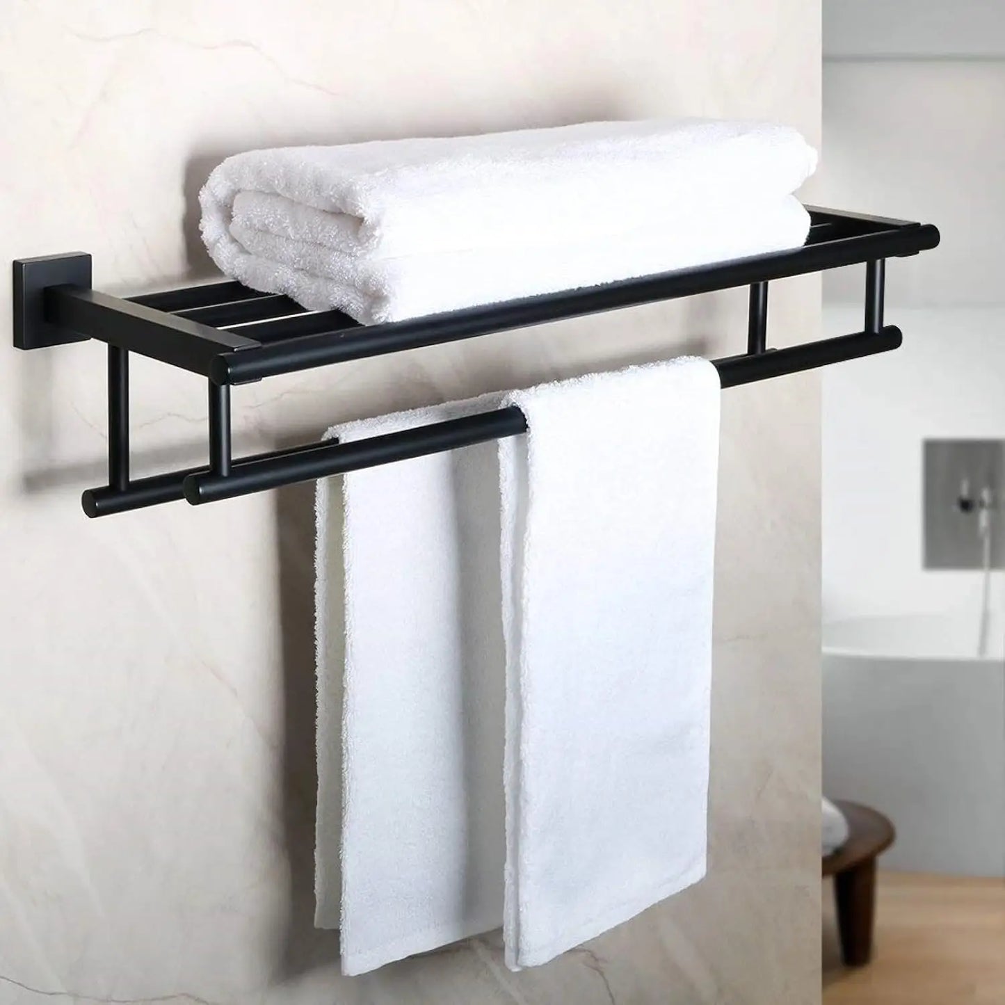 24-Inch Double Towel Rack with Shelf | Matte Black Bathroom Towel Holder
