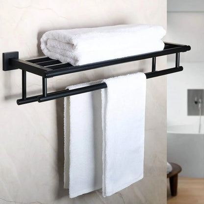 24-Inch Double Towel Rack with Shelf | Matte Black Bathroom Towel Holder