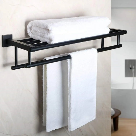 24-Inch Double Towel Rack with Shelf | Matte Black Bathroom Towel Holder