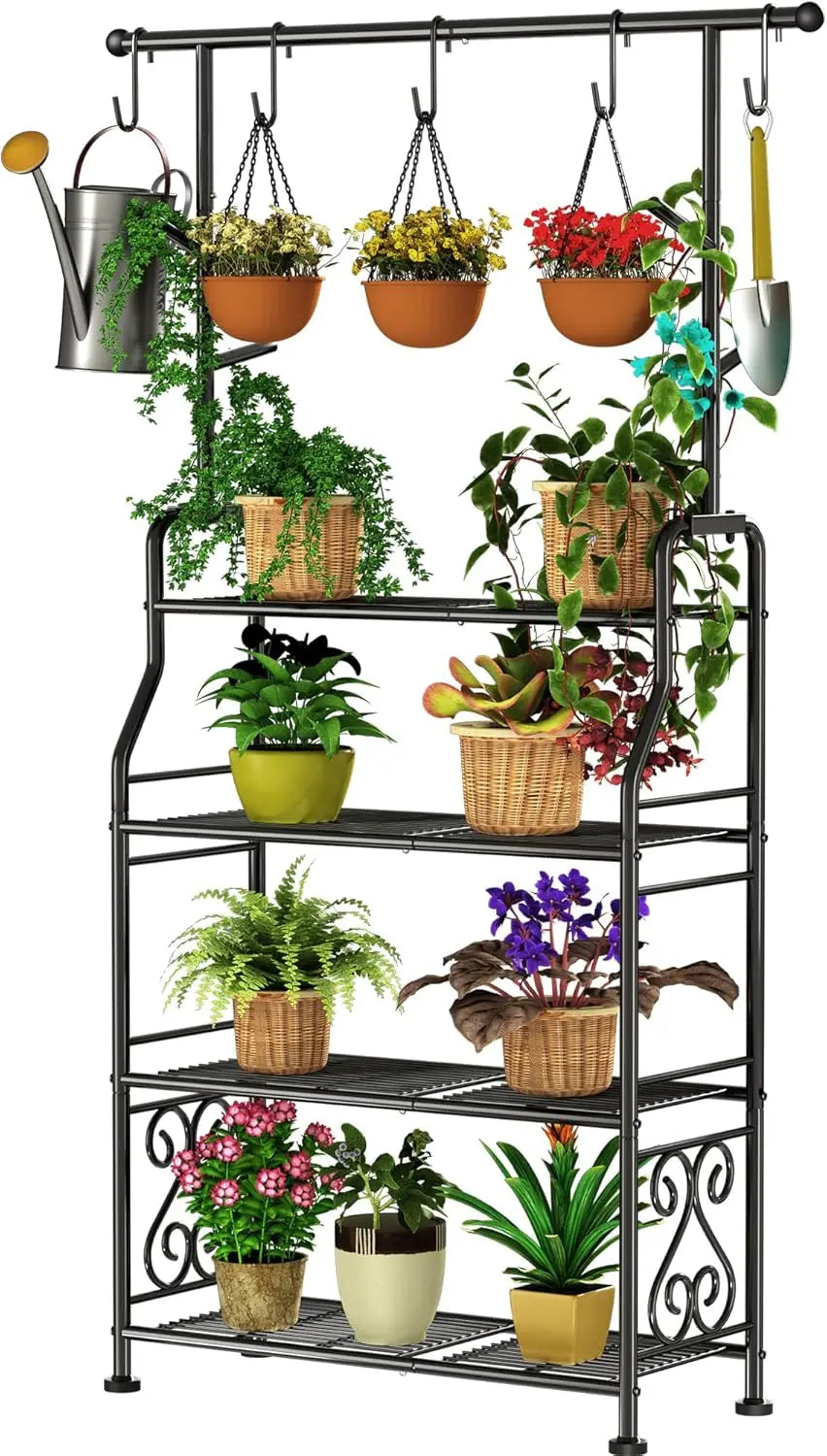 4-Tier Metal Plant Stand with Hanging Hooks