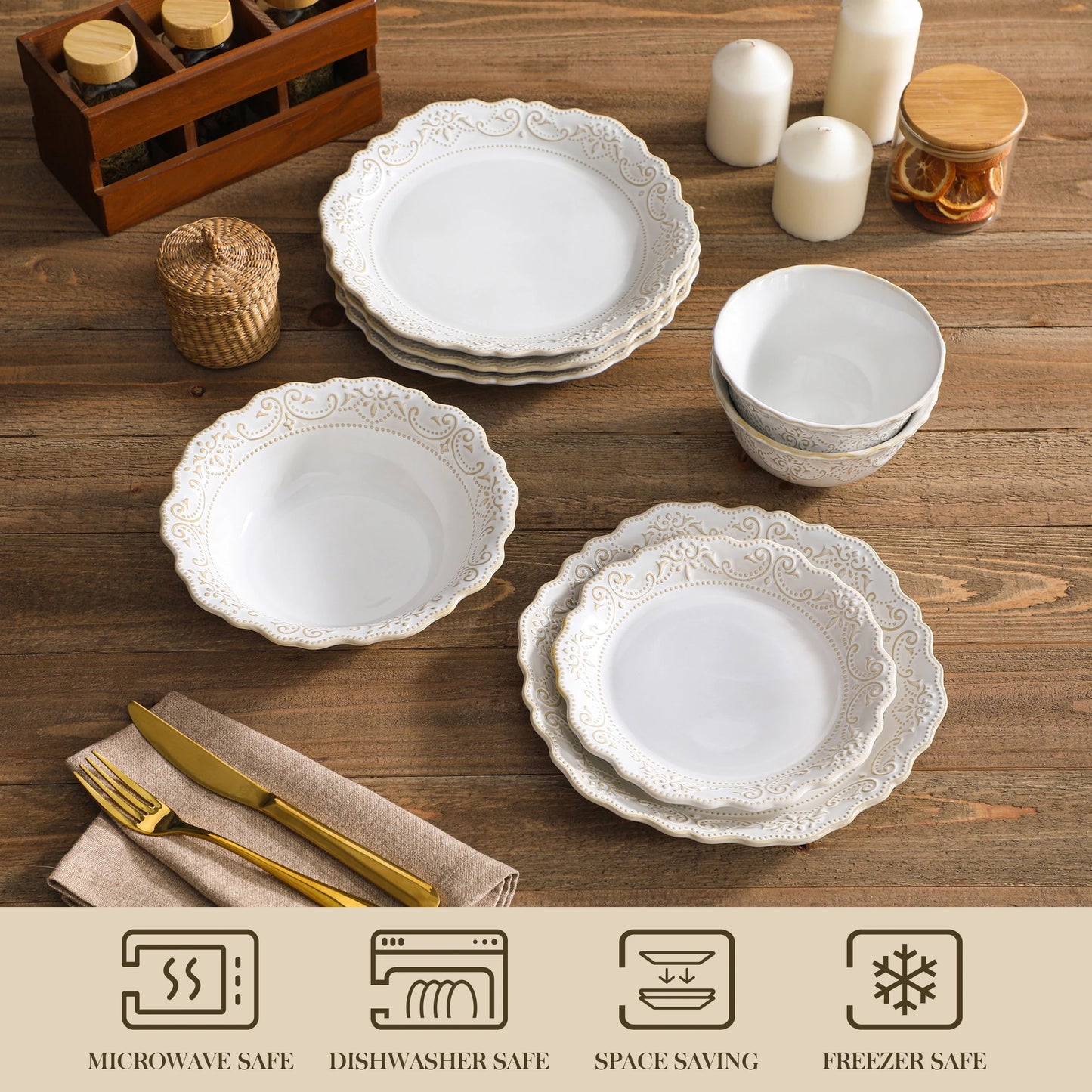 16-Piece Stoneware Dinnerware Set for 4 | Elegant Relief Design Plates & Bowls