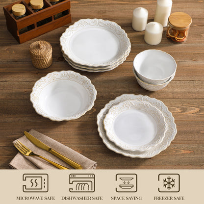 16-Piece Stoneware Dinnerware Set for 4 | Elegant Relief Design Plates & Bowls