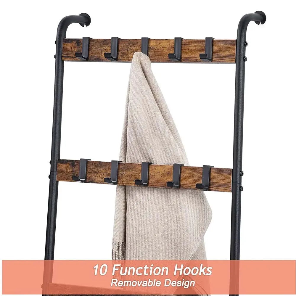5-Tier Farmhouse Blanket Ladder with 10 Hooks | Leaning Towel & Blanket Rack