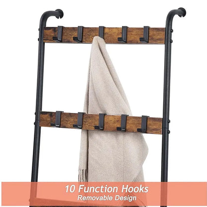 5-Tier Farmhouse Blanket Ladder with 10 Hooks | Leaning Towel & Blanket Rack