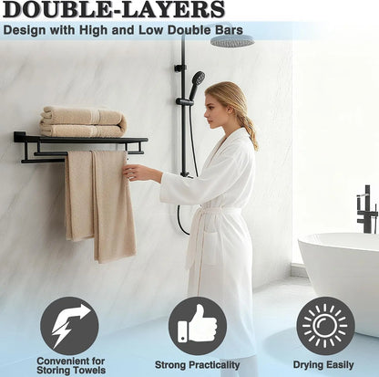 24-Inch Double Towel Rack with Shelf | Matte Black Bathroom Towel Holder