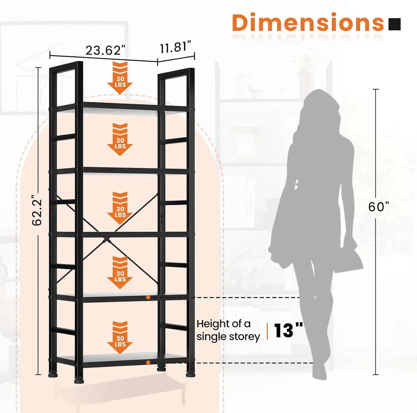 5-Tier Modern Bookshelf with Industrial Black Metal Frame