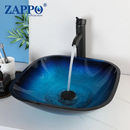 Tempered Glass Vessel Sink with Waterfall Black Faucet