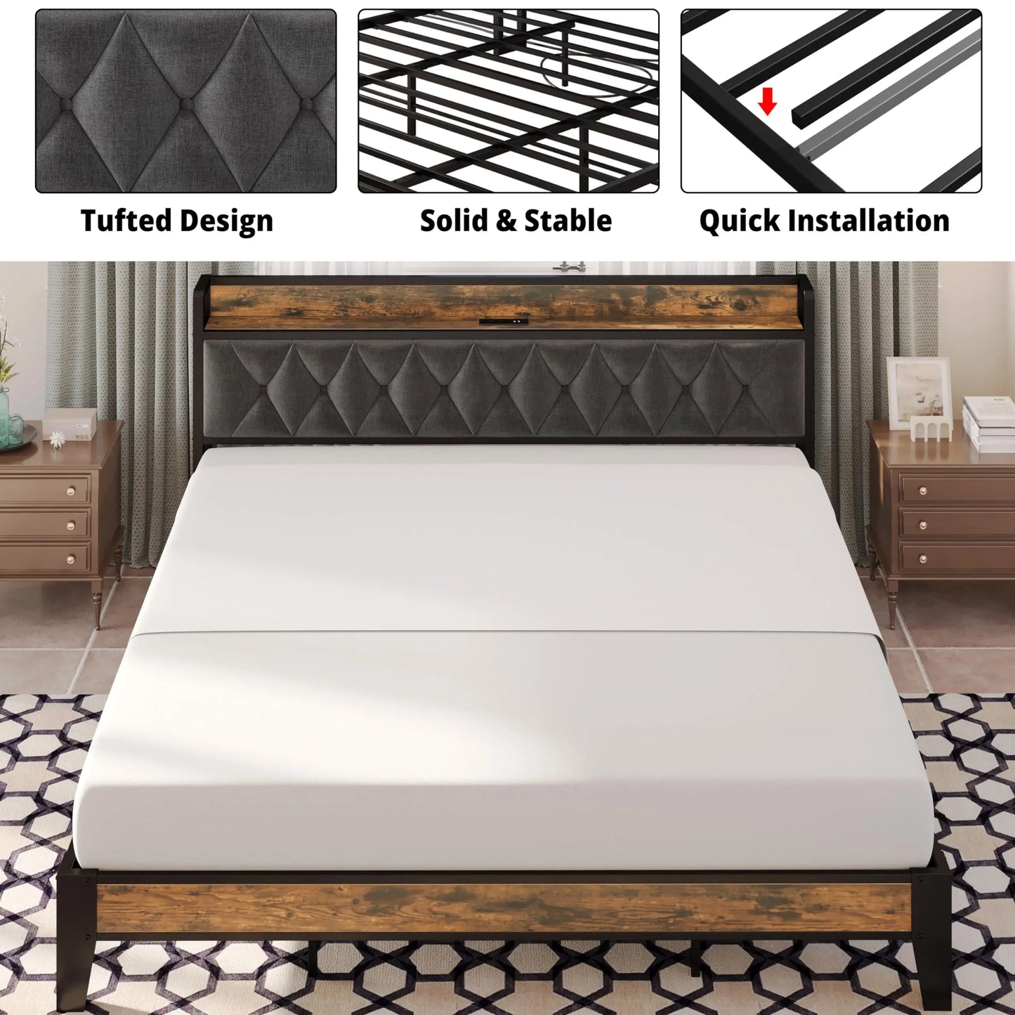 Sturdy & Stylish Bed Frame & Headboard with Power Strip
