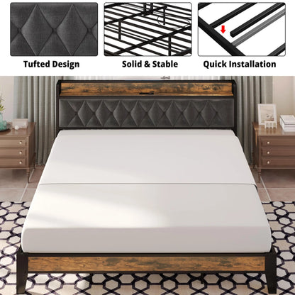 Sturdy & Stylish Bed Frame & Headboard with Power Strip