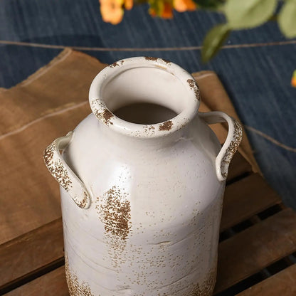Distressed White Ceramic Vase, Rustic Farmhouse Decor