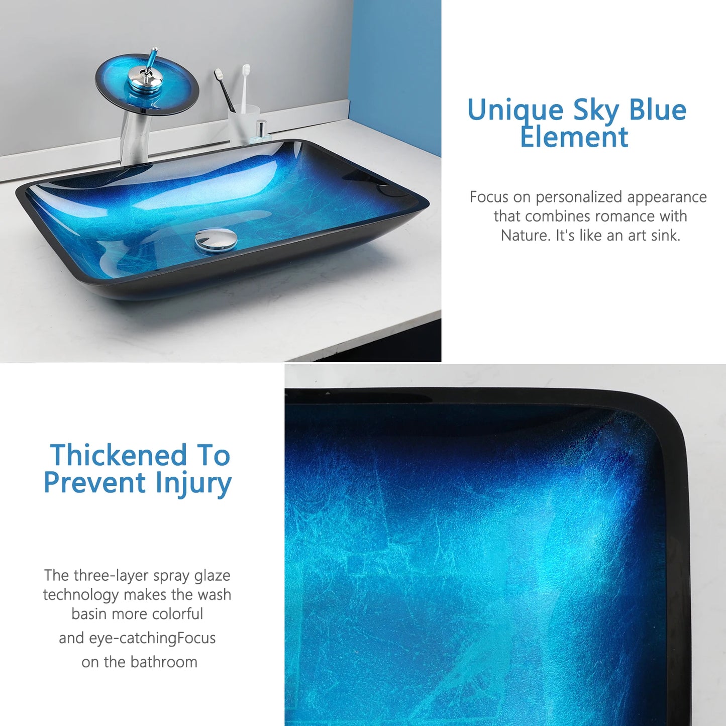 Tempered Glass Vessel Sink with Waterfall Black Faucet