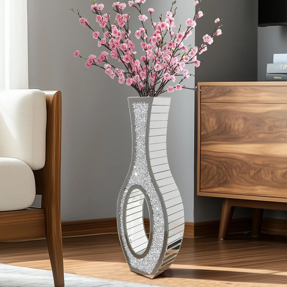 30" Tall Silver Mirrored Vase | Crushed Diamond Floor Vase for Dried Flowers & Grass