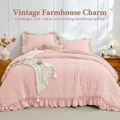 Rose Gold Seersucker Comforter Set | 3-Piece Ruffle Bedding Set Full Size