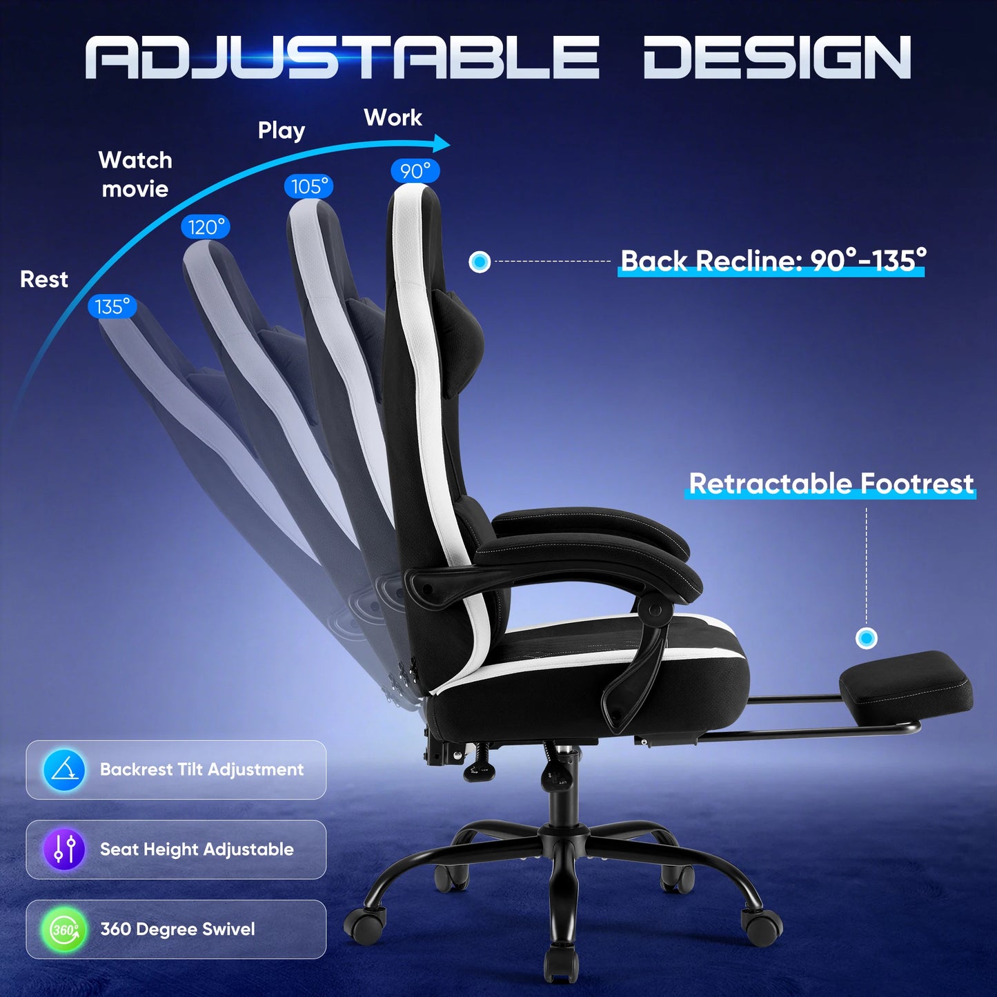 Ergonomic Gaming Chair with Pocket Spring Cushion, Footrest & Lumbar Support