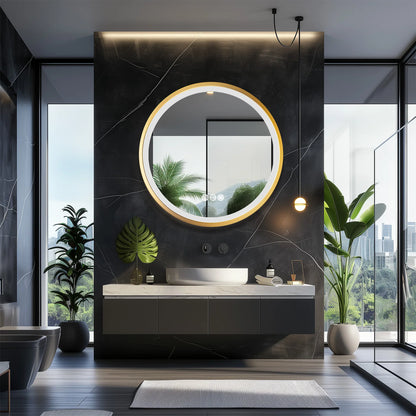 Gold-Framed Round Lighted Bathroom Mirror
