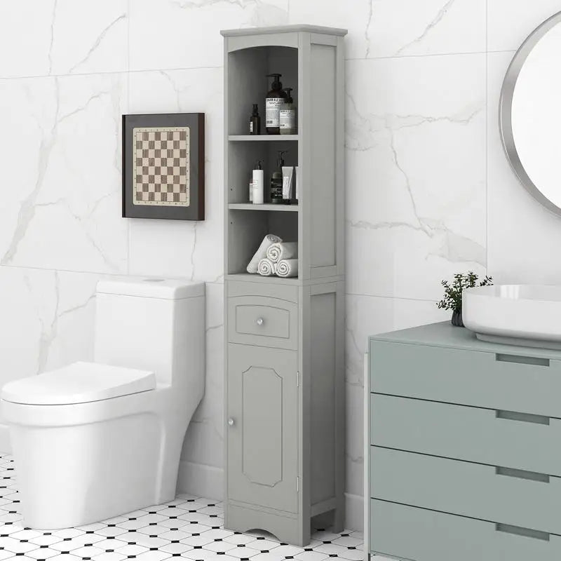Tall Freestanding Bathroom Storage Cabinet with Drawer & Adjustable Shelf – Grey