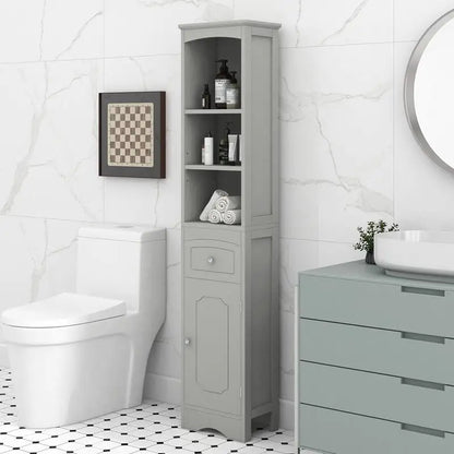 Tall Freestanding Bathroom Storage Cabinet with Drawer & Adjustable Shelf – Grey