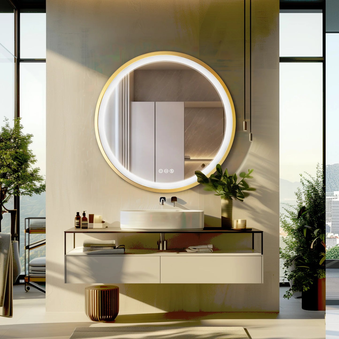 Gold-Framed Round Lighted Bathroom Mirror