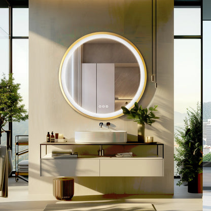 Gold-Framed Round Lighted Bathroom Mirror