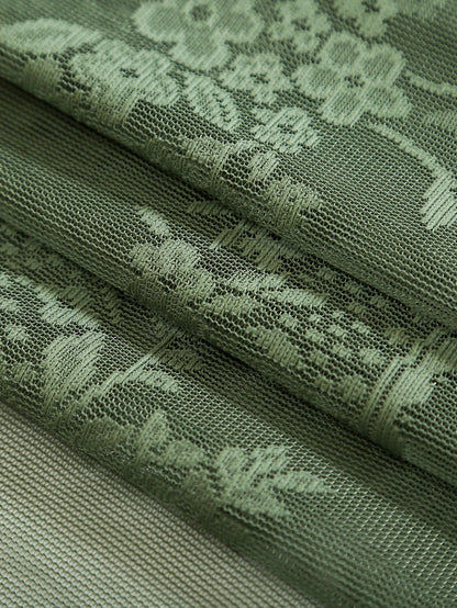 Green Boho Lace Sheer Curtain 84 Inch | Vintage Floral Scalloped Window Panel