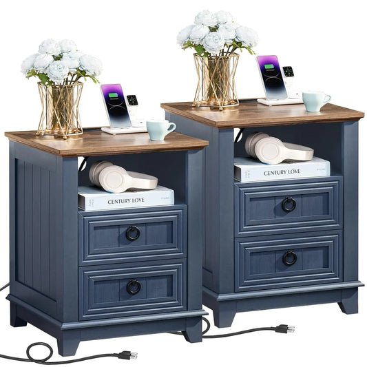 Farmhouse Style Night Stands, Set of 2, with Charging Stations