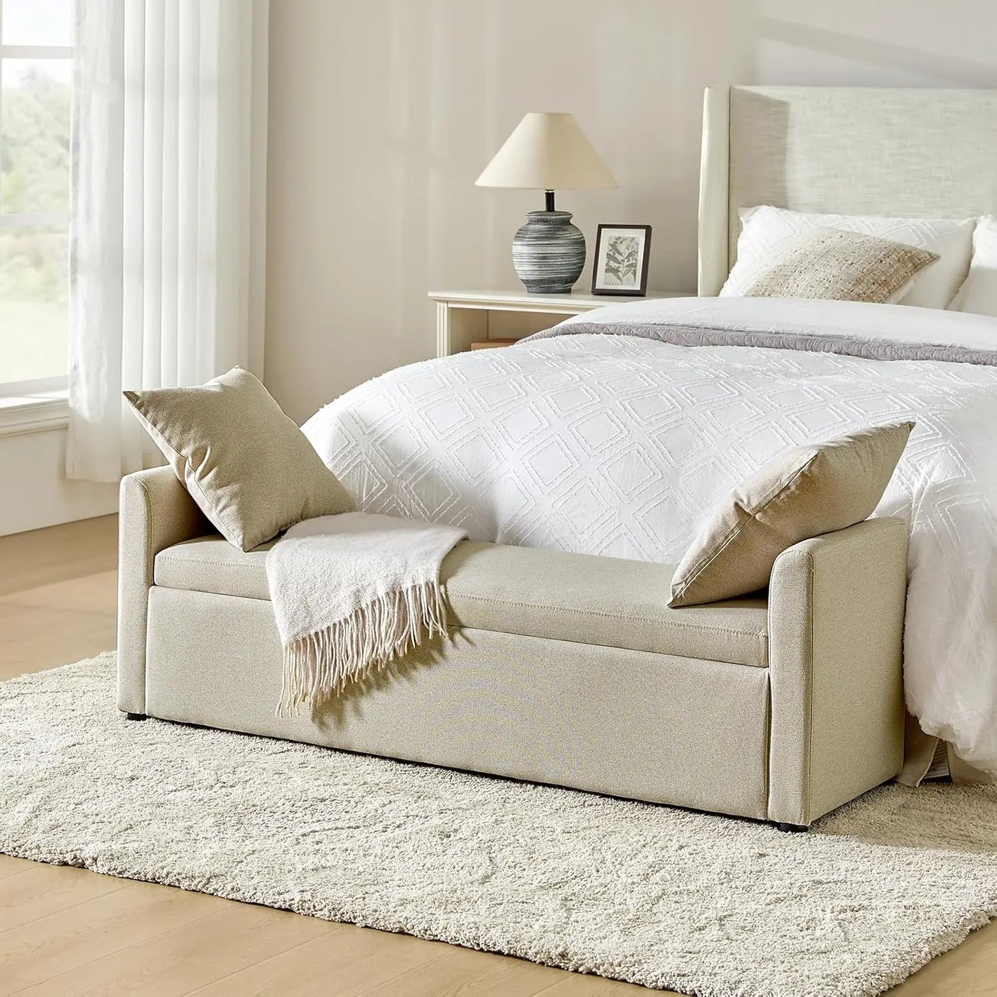 Modern Upholstered Ottoman with Throw Pillows