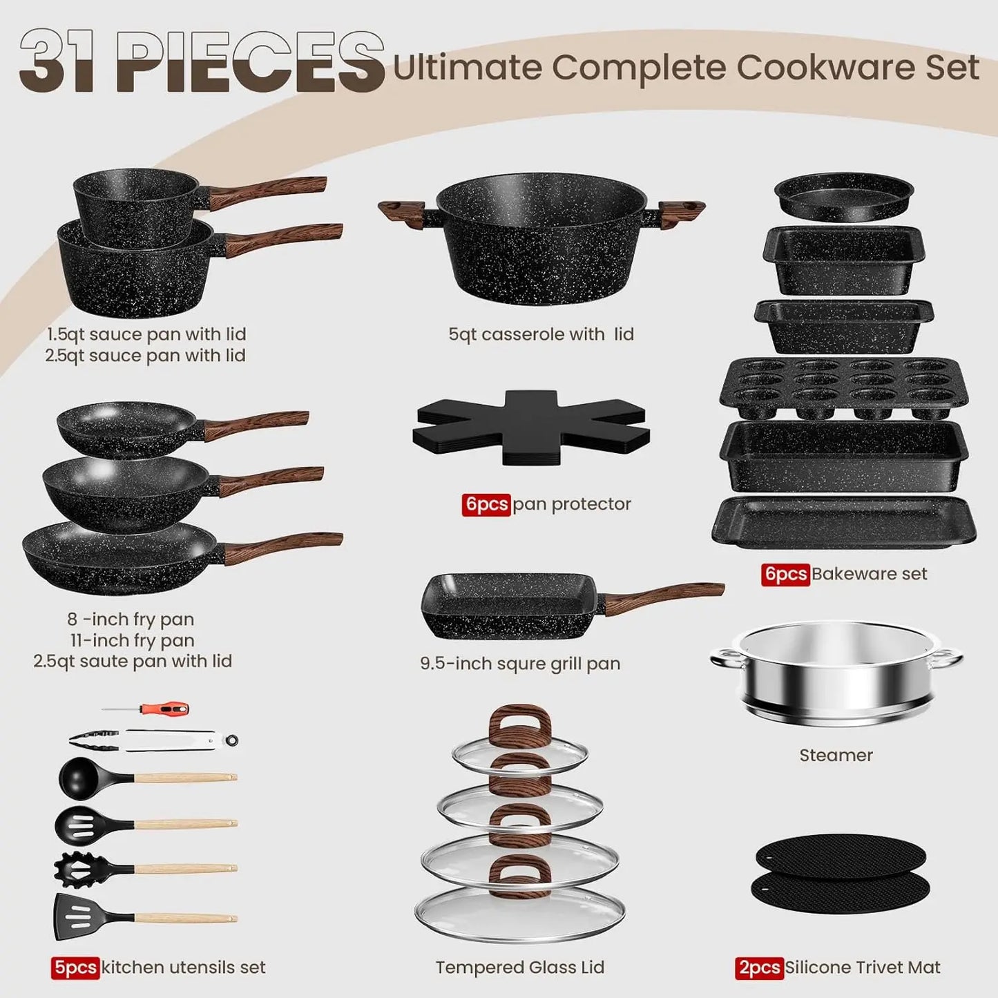 31-Piece Nonstick Pots and Pans Set | Titanium Induction Cookware & Bakeware Set