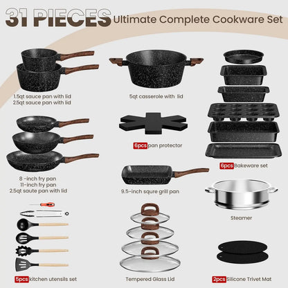 31-Piece Nonstick Pots and Pans Set | Titanium Induction Cookware & Bakeware Set