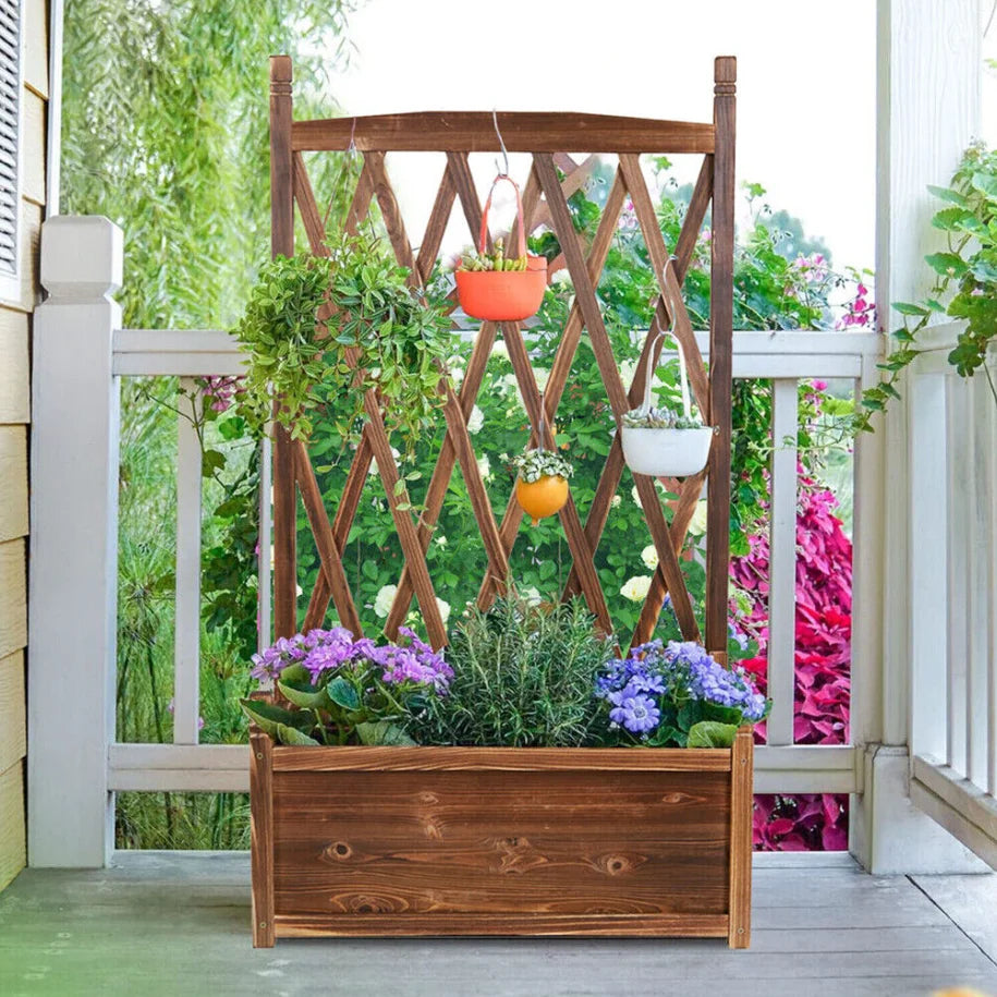 Raised Wooden Garden Bed with Trellis