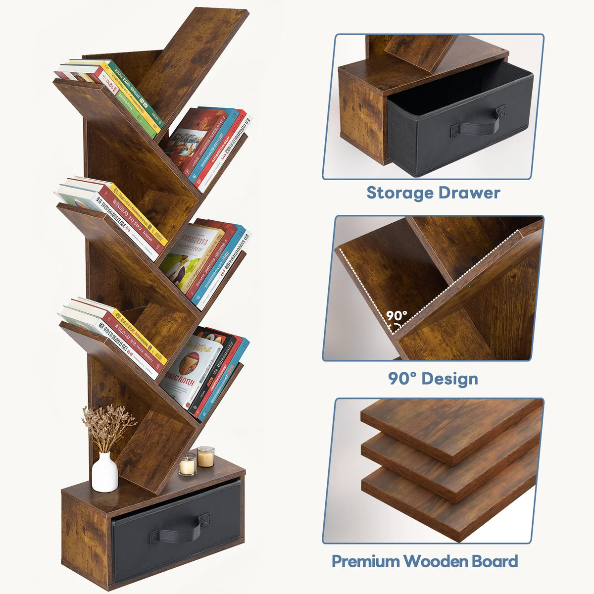 Creative 7-Tier Tree Bookshelf with Drawer | Narrow Geometric Bookcase