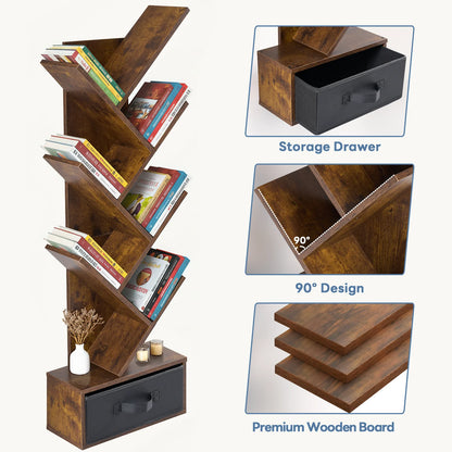 Creative 7-Tier Tree Bookshelf with Drawer | Narrow Geometric Bookcase