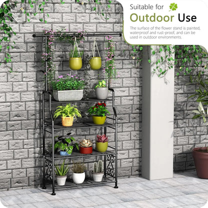 4-Tier Metal Plant Stand with Hanging Hooks