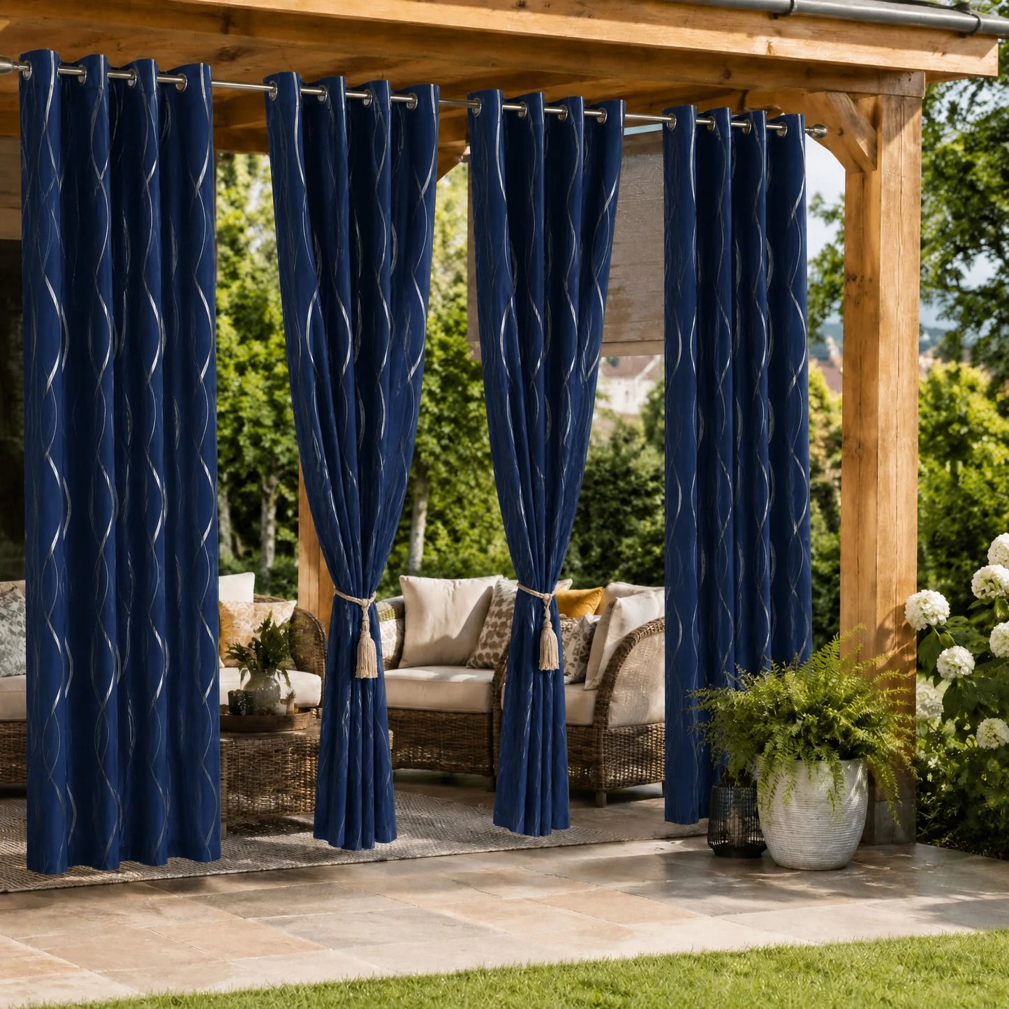 4-Panel Blackout Curtains with Silver Wave Foil Print | Thermal Insulated Drapes