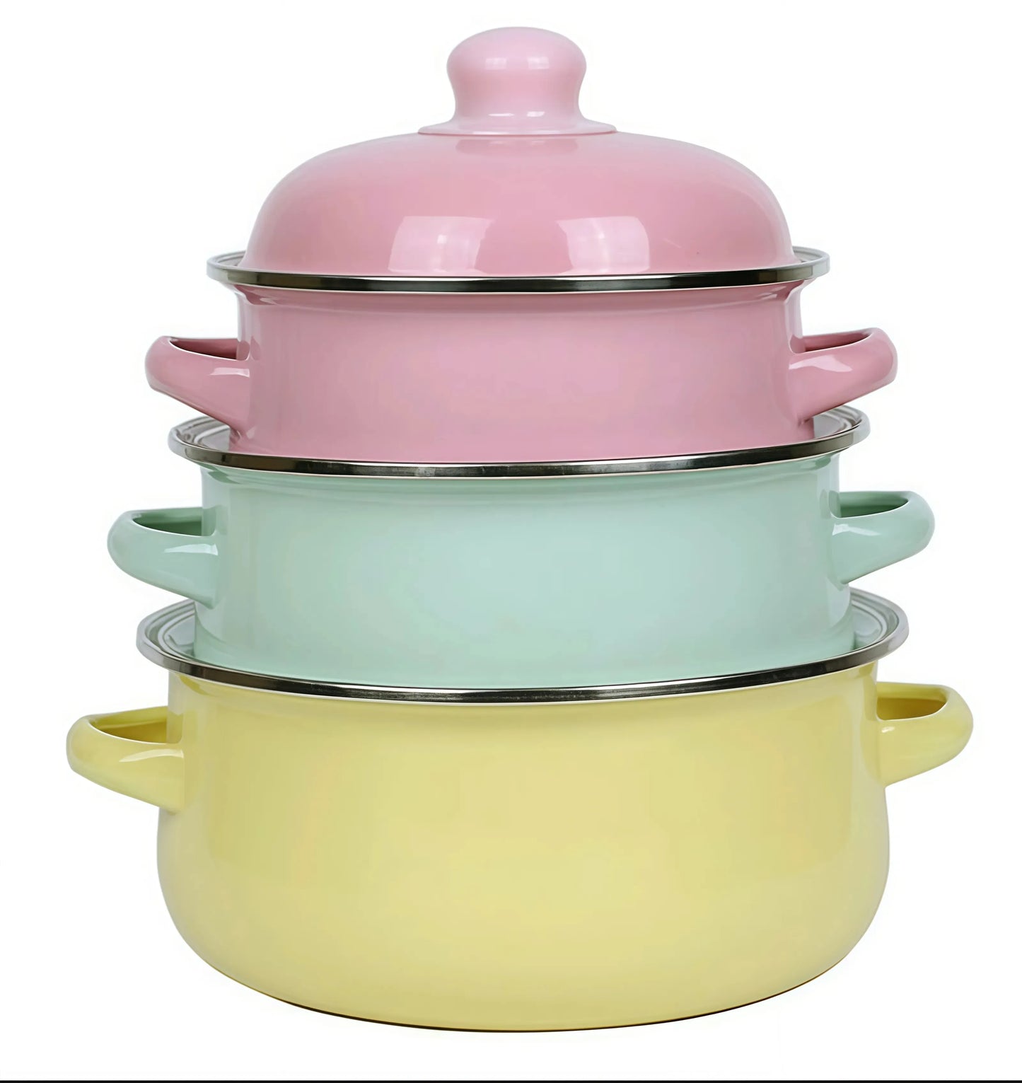 3-Piece Vintage Enamel Cooking Pot Set with Lids | Retro Floral Stock Pots