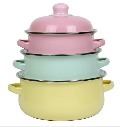 3-Piece Vintage Enamel Cooking Pot Set with Lids | Retro Floral Stock Pots